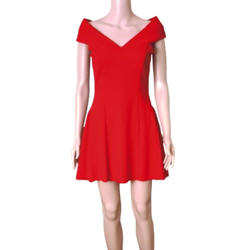 Women's Red Off Shoulder Dress M Fit & Flare V Neck Mini Gather Sides Stretch
